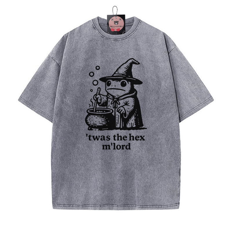 'TWAS THE' HEX M'LORD Zauberer Frosch Grafik Unisex Vintage Washed T-Shirt - Grau - 5XL - image 3