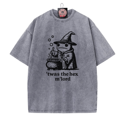 'TWAS THE' HEX M'LORD Zauberer Frosch Grafik Unisex Vintage Washed T-Shirt - Grau - 5XL - image 3