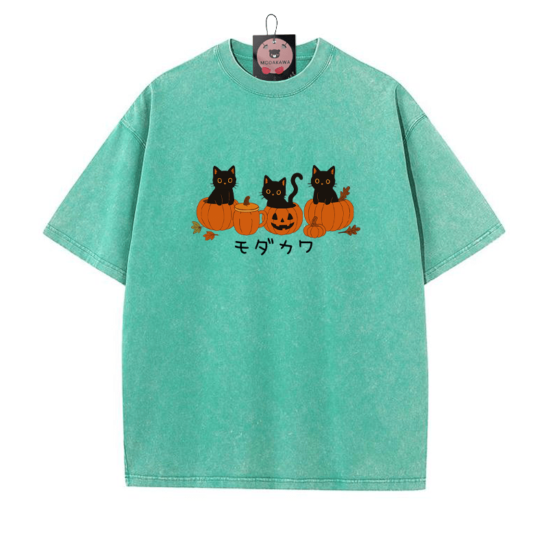 Schwarze Katze auf Kürbistasse Grafik Unisex Vintage Washed T-Shirt - Grün - 5XL - image 2