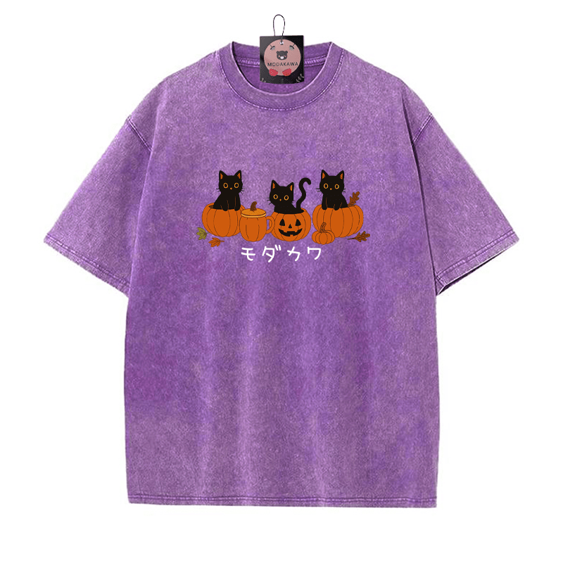 Schwarze Katze auf Kürbistasse Grafik Unisex Vintage Washed T-Shirt - Lila - 5XL - image 1