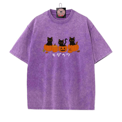 Schwarze Katze auf Kürbistasse Grafik Unisex Vintage Washed T-Shirt - Lila - 5XL - image 1