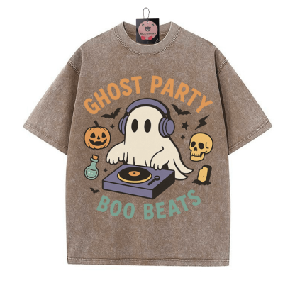 GHOST PARTY BOO BEATS DJ Ghost Grafik Unisex Vintage gewaschenes T-Shirt - Braun - 5XL - image 1