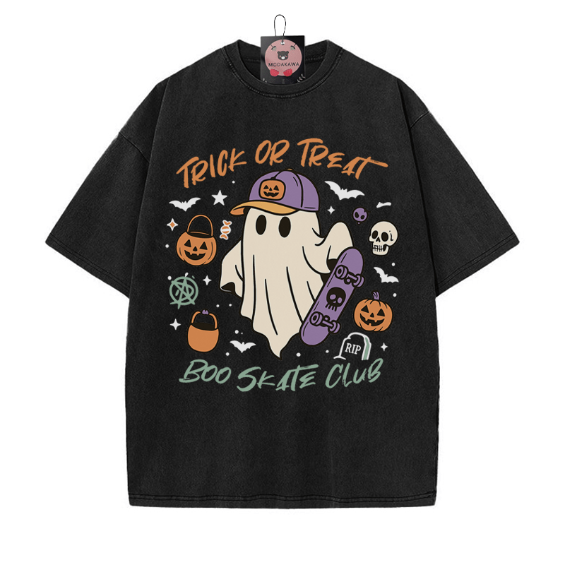 TRICK OR TREAT BOO SKATE CLUB Skateboarding Ghost Grafik Unisex Vintage gewaschenes T-Shirt - Schwarz - 5XL - image 7