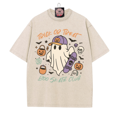 TRICK OR TREAT BOO SKATE CLUB Skateboarding Ghost Grafik Unisex Vintage gewaschenes T-Shirt - Aprikose - 5XL - image 5