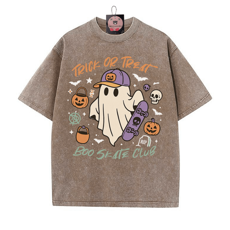 TRICK OR TREAT BOO SKATE CLUB Skateboarding Ghost Grafik Unisex Vintage gewaschenes T-Shirt - Braun - 5XL - image 2