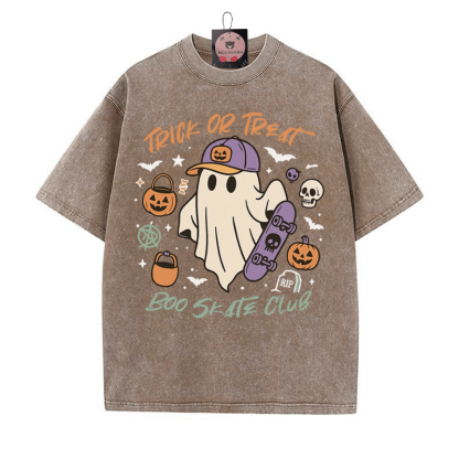 TRICK OR TREAT BOO SKATE CLUB Skateboarding Ghost Grafik Unisex Vintage gewaschenes T-Shirt - Braun - 5XL - image 2