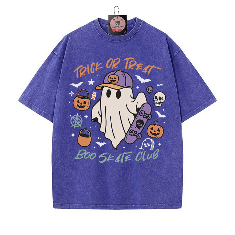TRICK OR TREAT BOO SKATE CLUB Skateboarding Ghost Grafik Unisex Vintage gewaschenes T-Shirt - Blau - 5XL - image 1
