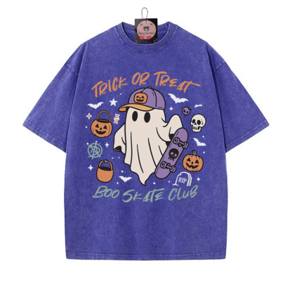 TRICK OR TREAT BOO SKATE CLUB Skateboarding Ghost Grafik Unisex Vintage gewaschenes T-Shirt - Blau - 5XL - image 1