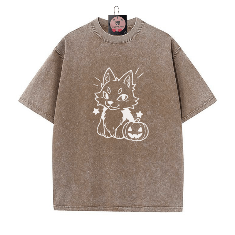 Unisex-T-Shirt mit verspieltem Fuchs-Kürbis-Motiv im Vintage-Stil - Brown - 5XL - image 1