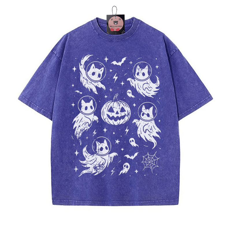 Geisterhaftes Katzenkürbis-Grafik-Unisex-Vintage-Washed-T-Shirt - Blau - 5XL - image 2