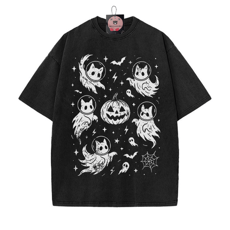 Geisterhaftes Katzenkürbis-Grafik-Unisex-Vintage-Washed-T-Shirt - Schwarz - 5XL - image 1