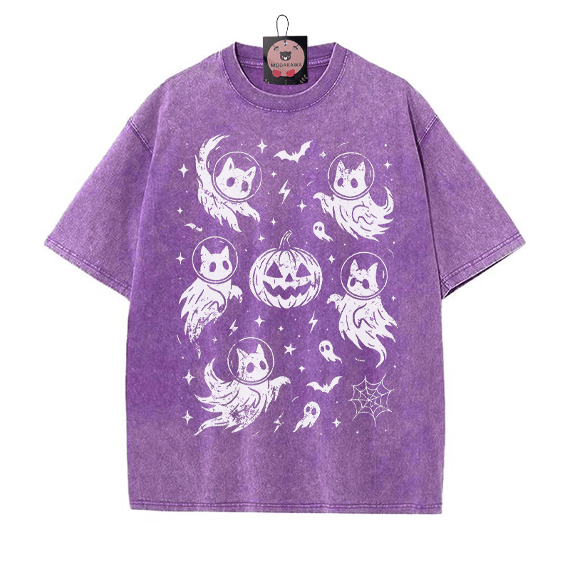 Geisterhaftes Katzenkürbis-Grafik-Unisex-Vintage-Washed-T-Shirt - Lila - 5XL - image 5