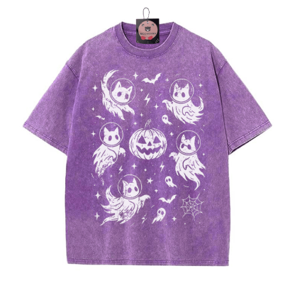 Geisterhaftes Katzenkürbis-Grafik-Unisex-Vintage-Washed-T-Shirt - Lila - 5XL - image 5