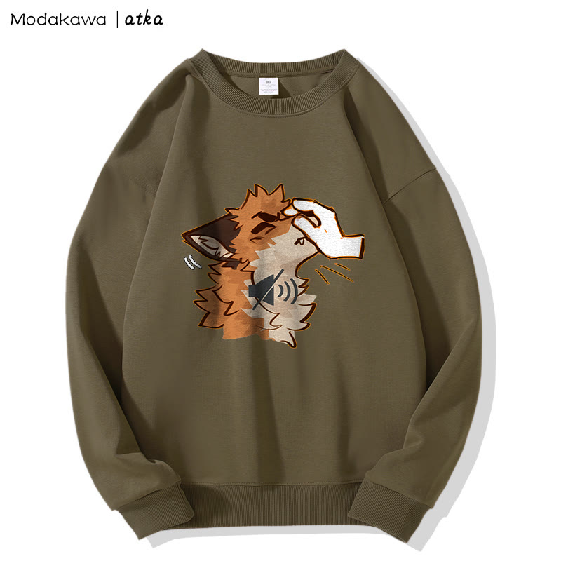 MODAKAWA X atka Lustiges Sweatshirt mit Fuchs-Grafik und Rundhalsausschnitt (Shhh) - Khaki - 5XL - image 2