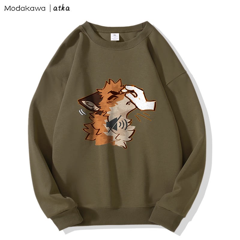 MODAKAWA X atka Lustiges Sweatshirt mit Fuchs-Grafik und Rundhalsausschnitt (Shhh) - Khaki - 5XL - image 2