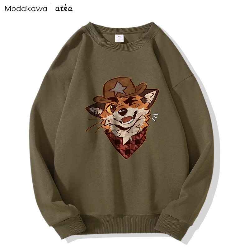 MODAKAWA X atka Cowboy Fox Winking Graphic Round Collar Sweatshirt - Khaki - 5XL - image 1