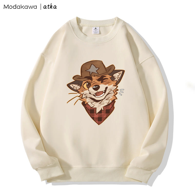 MODAKAWA X atka Cowboy Fox Winking Graphic Round Collar Sweatshirt - Apricot - 5XL - image 1