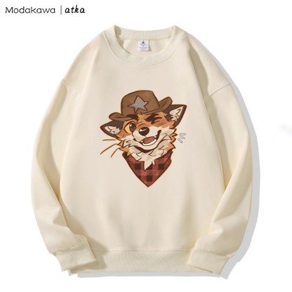 MODAKAWA X atka Cowboy Fox Winking Graphic Round Collar Sweatshirt - Apricot - 5XL - image 1