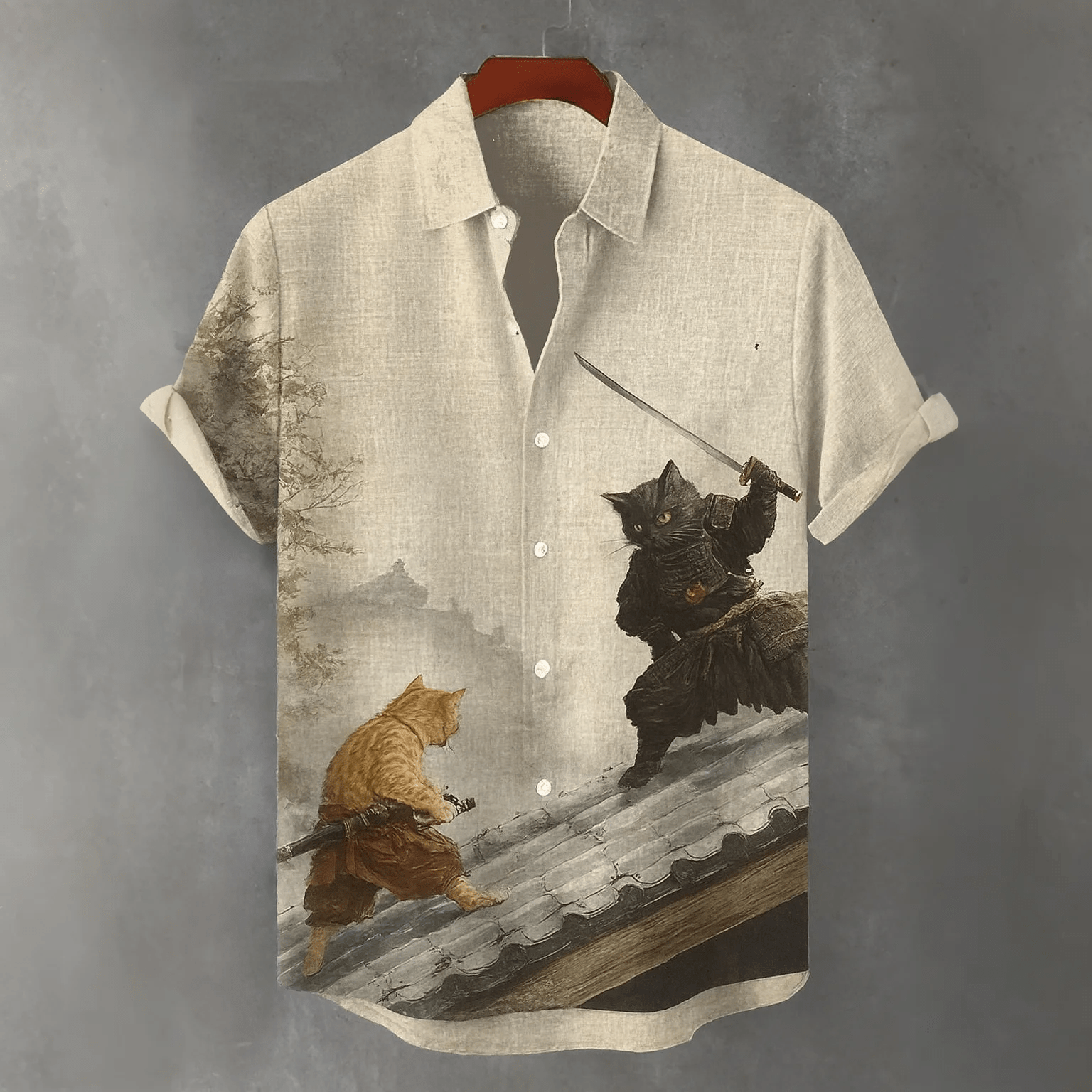 Samurai-Katze, japanischer Kunstdruck, Retro-Kurzarmshirt - Beige - 4XL - image 1