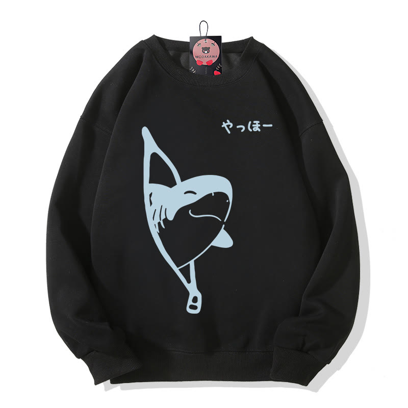 Sweatshirt mit verspieltem Hai-Motiv und Reißverschluss-Grafik, Rundhalsausschnitt - Black - 5XL - image 2