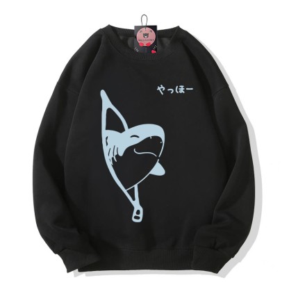 Sweatshirt mit verspieltem Hai-Motiv und Reißverschluss-Grafik, Rundhalsausschnitt - Black - 5XL - image 2