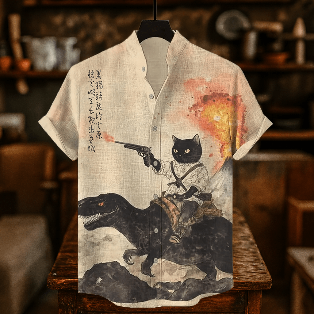 Klassisches Kurzarmhemd mit kalligrafischem Katzen-Vulkanausbruch-Print - Aprikose - 4XL - image 1