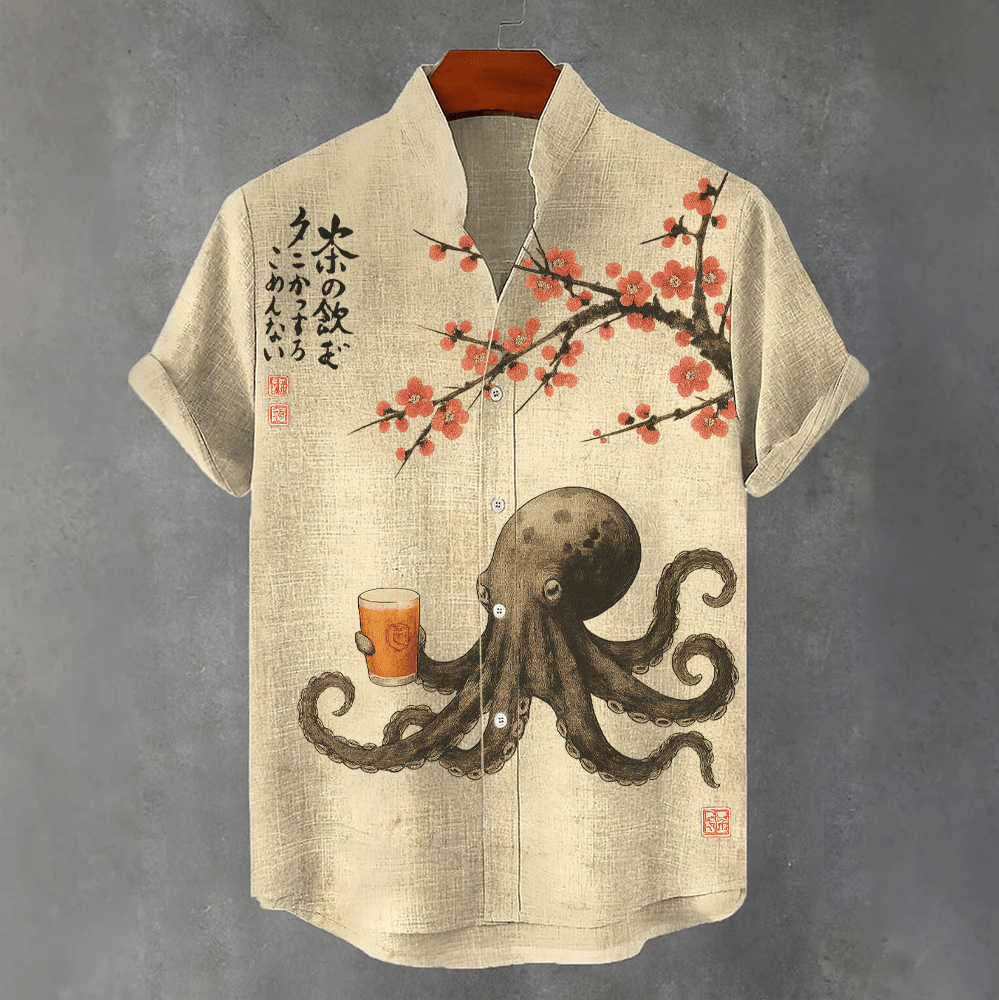 Oktopus-Teetrinken unter Kirschbaum-Kunstdruck-Shirt - Aprikose - 4XL - image 1