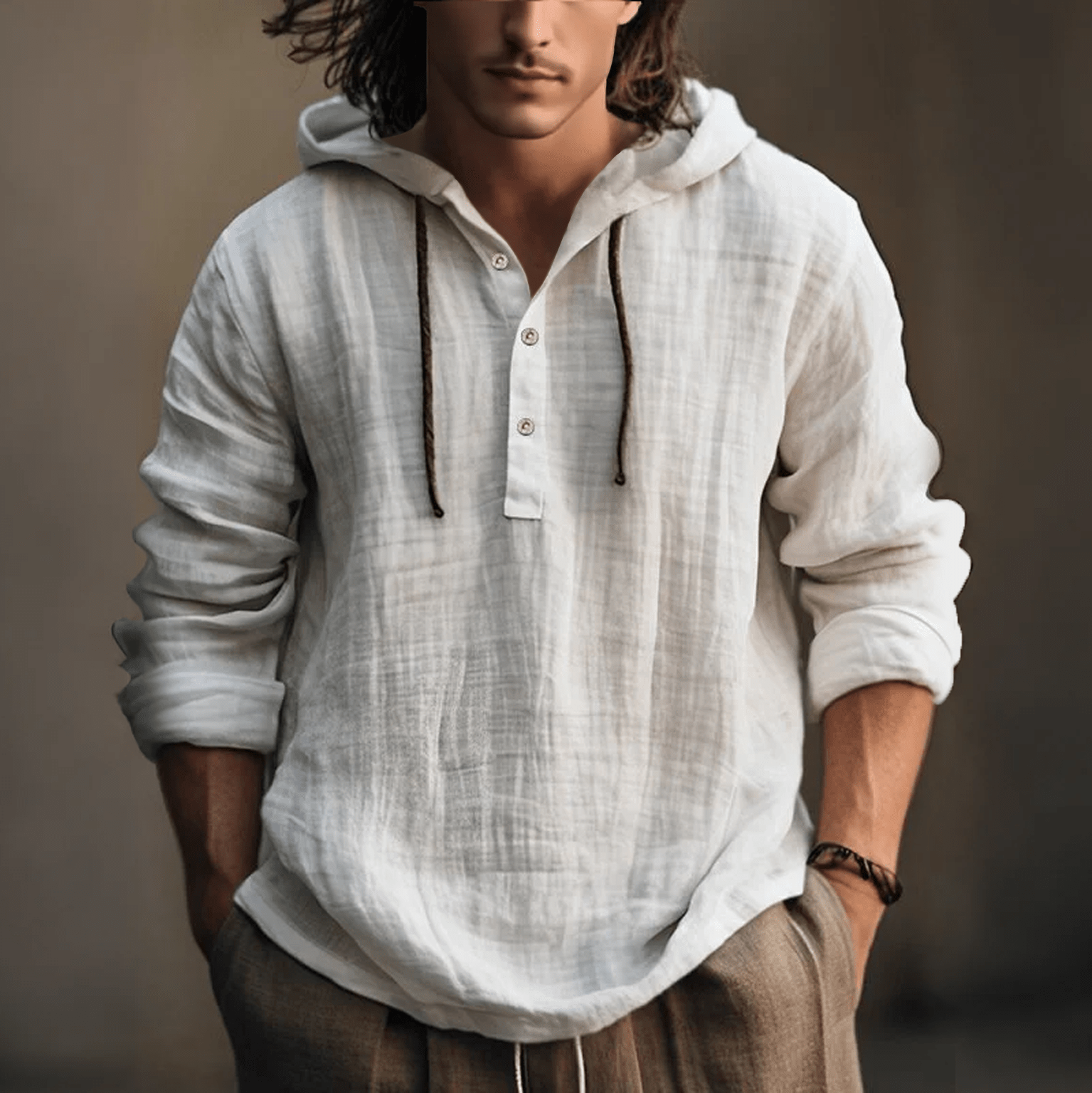 Farben Kapuzenhemd aus Baumwoll-Leinen-Mischgewebe - Weiß - 3XL - image 1