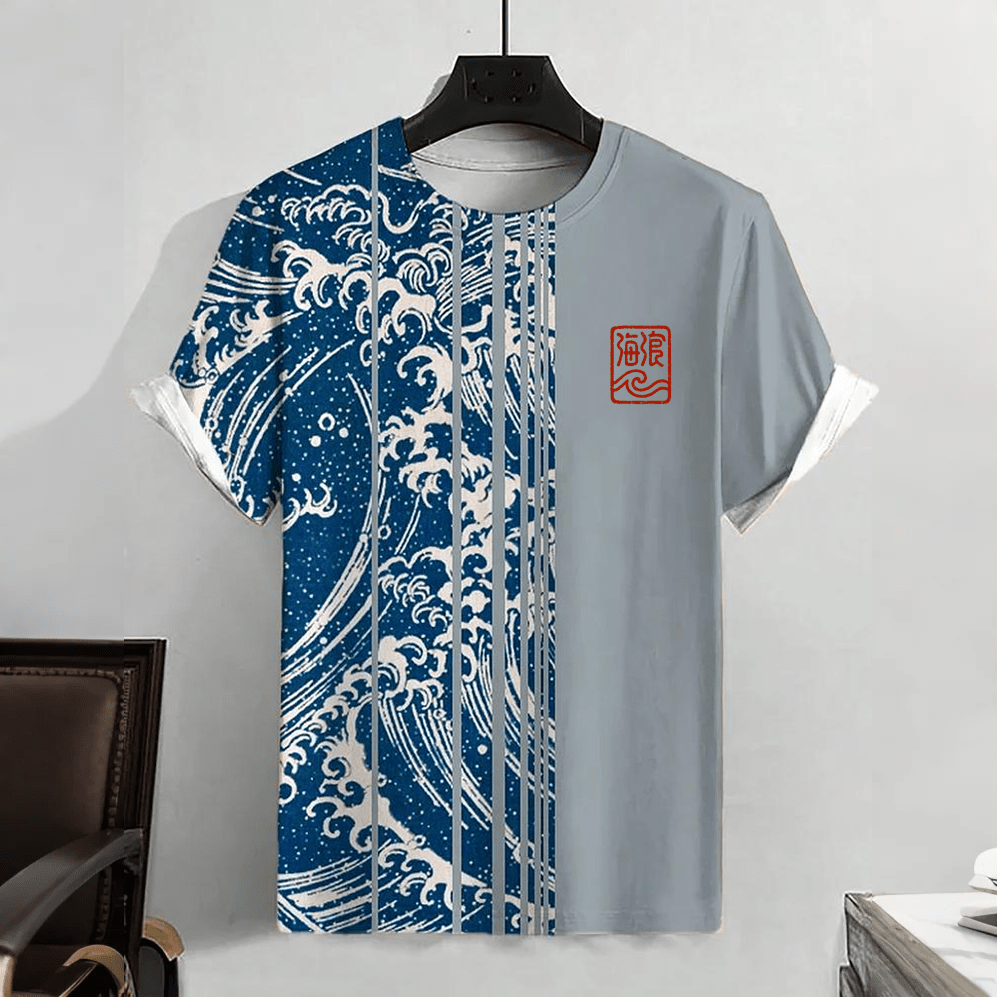 Lässiges Kurzarm-T-Shirt mit Farbblock-Grafik und Ozeanwelle - Grey - 5XL - image 2