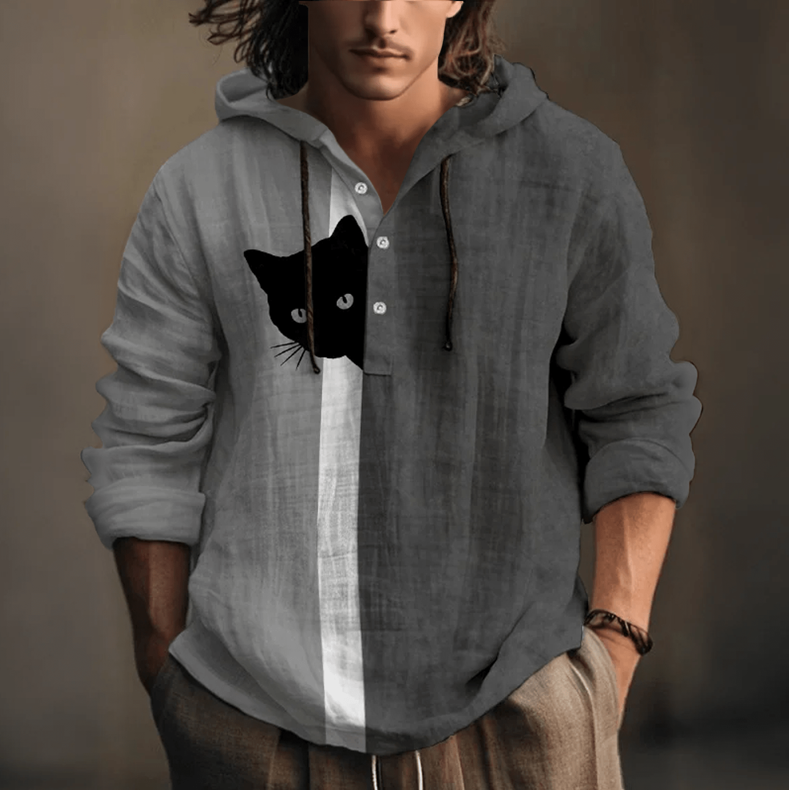 Verspielter Kapuzenpullover mit schwarzem Katzen-Print zum Verstecken - Grau - 5XL - image 3