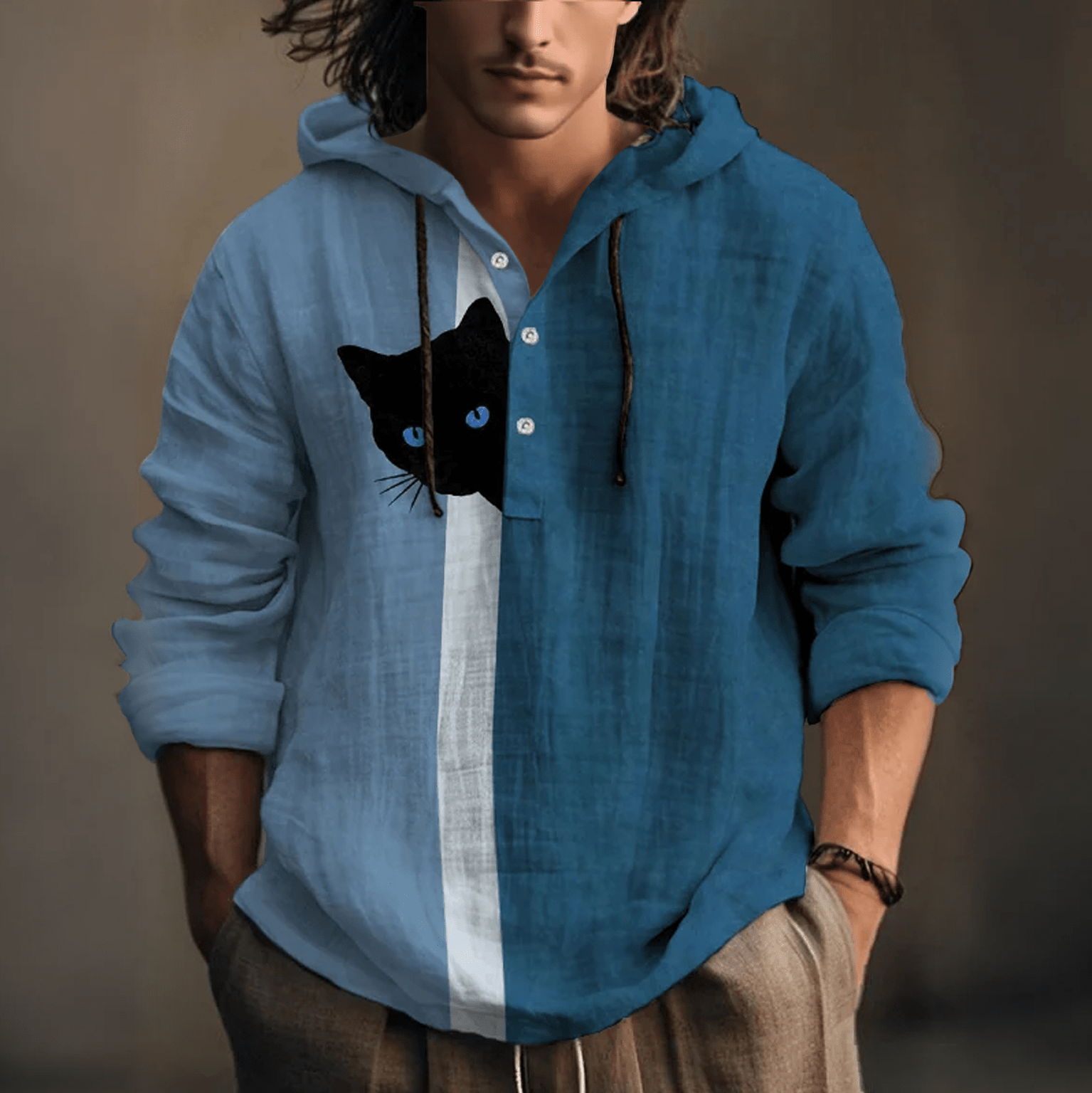 Verspielter Kapuzenpullover mit schwarzem Katzen-Print zum Verstecken - Blau - 5XL - image 4