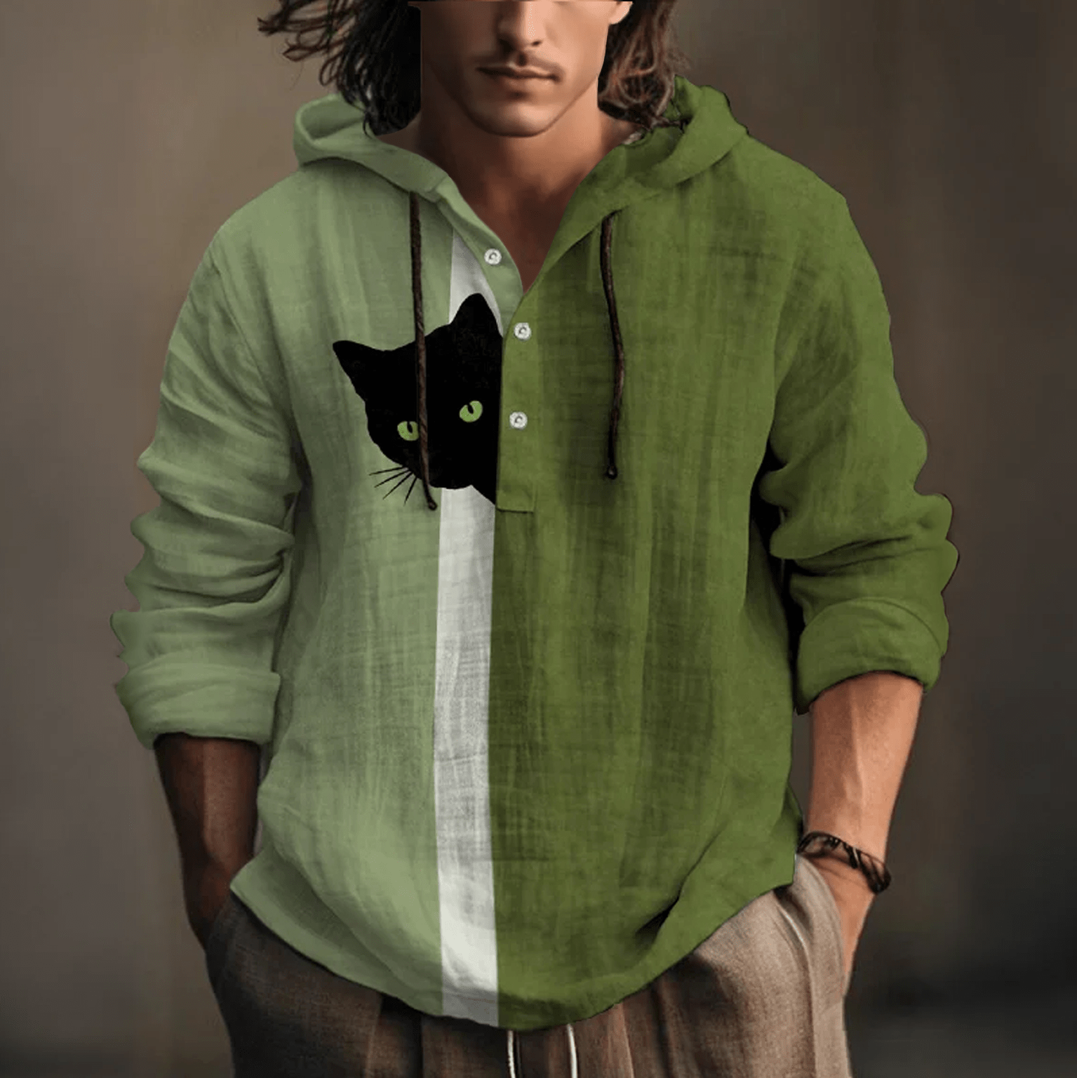 Verspielter Kapuzenpullover mit schwarzem Katzen-Print zum Verstecken - Grün - 5XL - image 2