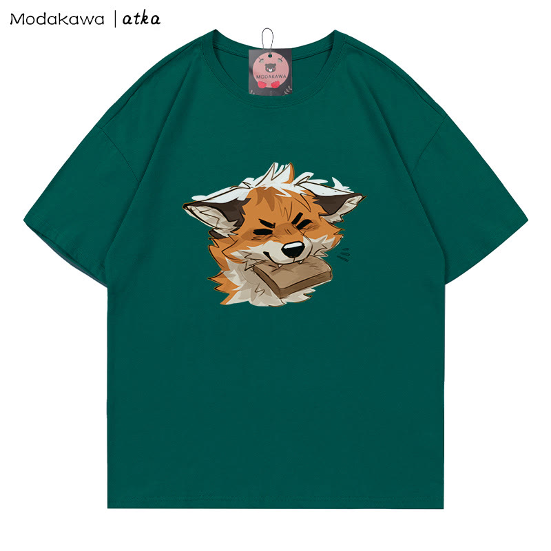 MODAKAWA X atka Fox Biting Bread Grafik-T-Shirt - Olive Green - 5XL - image 4
