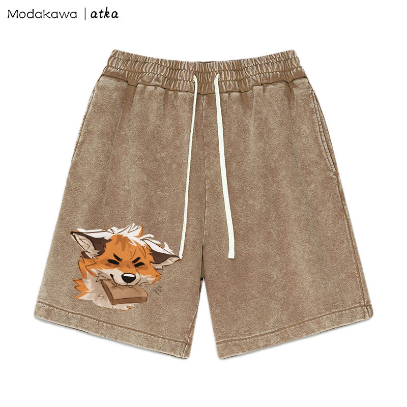Shorts mit Fox Biting Bread-Grafik im Vintage-Look - Braun - 3XL - image 1