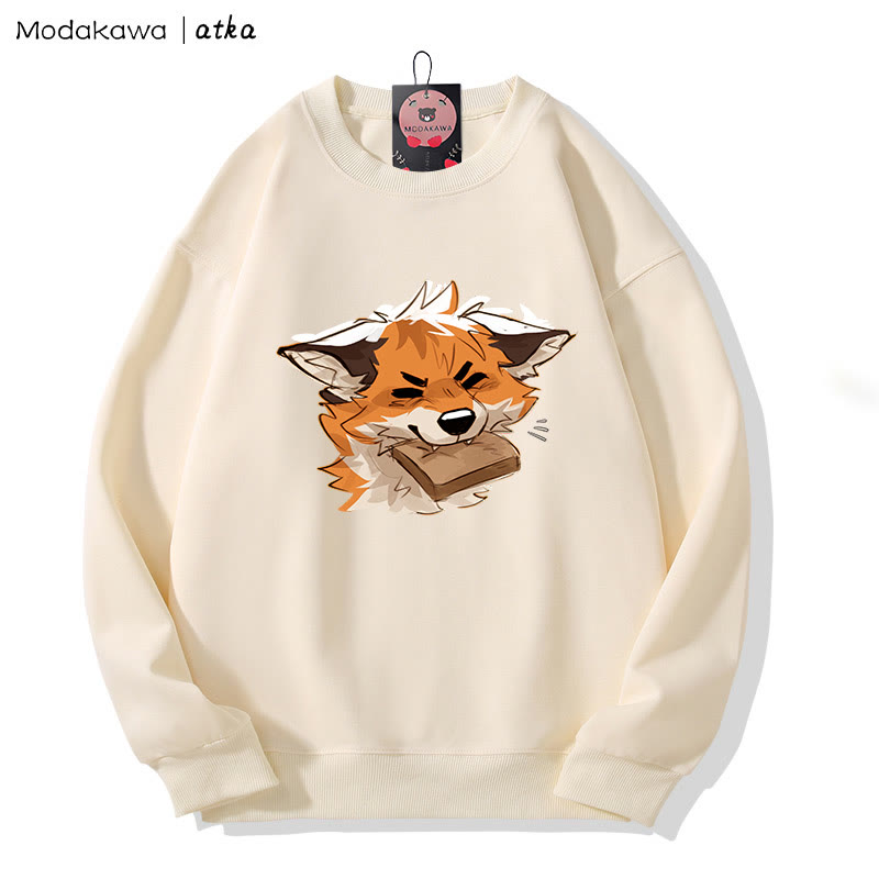 MODAKAWA X atka Fox Biting Bread Graphic Rundhals-Sweatshirt - Beige - 5XL - image 1