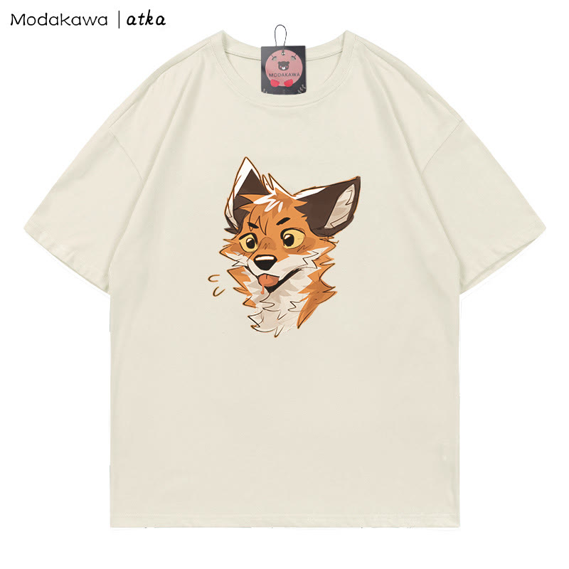 MODAKAWA X atka Freches T-Shirt mit Fuchsmotiv und herausgestreckter Zunge - Beige - 5XL - image 1
