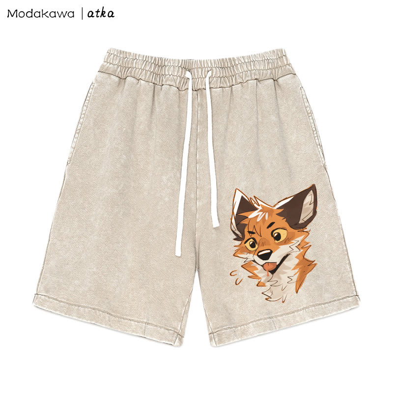 Freche Shorts mit heraushängender Zunge und Fuchs-Grafik im Vintage-Look - Aprikose - 3XL - image 1