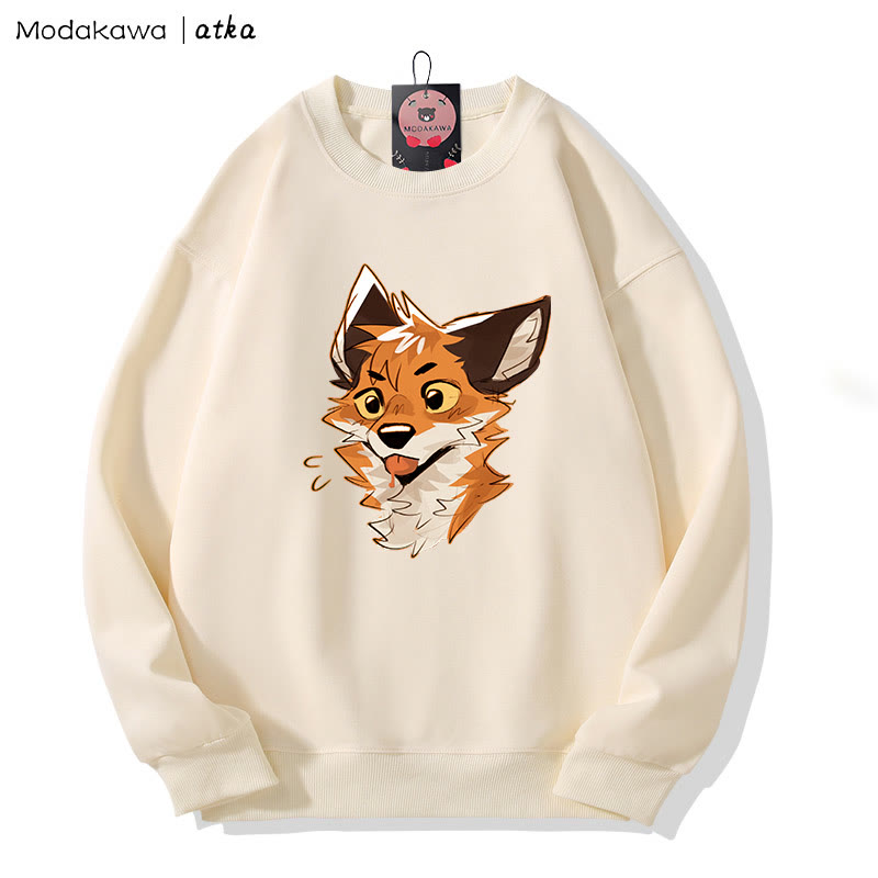 MODAKAWA X atka Cheeky Tongue-Out Fox Graphic Round Collar Sweatshirt - Beige - 5XL - image 2