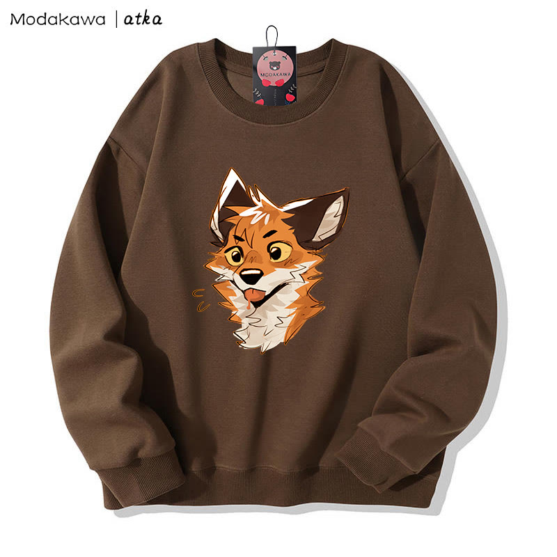 MODAKAWA X atka Cheeky Tongue-Out Fox Graphic Round Collar Sweatshirt - Brown - 5XL - image 1