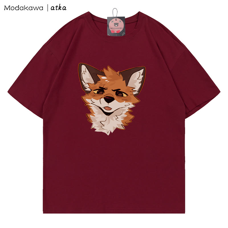 MODAKAWA X atka Squinty Fox Grafik-T-Shirt - Wine Red - 5XL - image 1