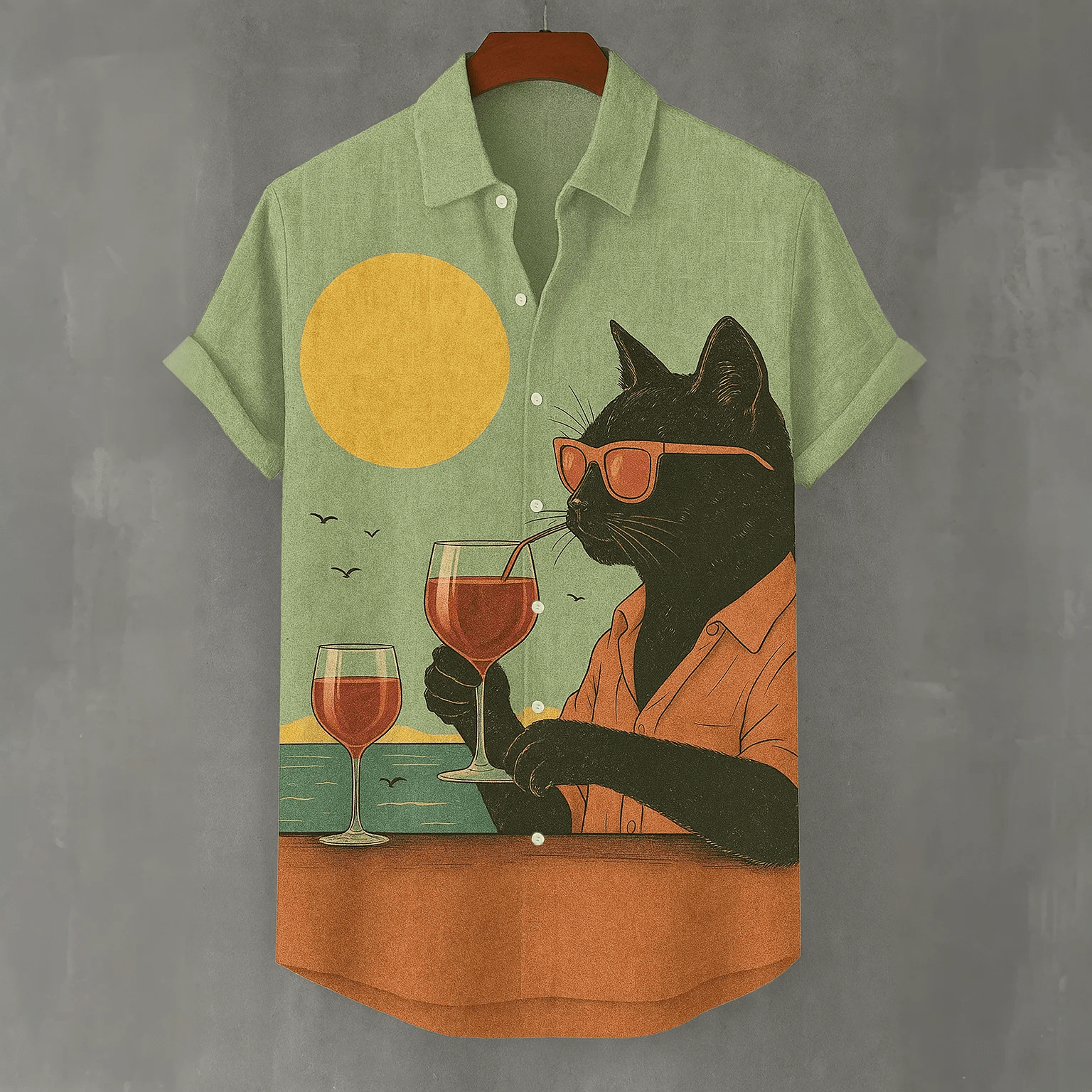 Schwarze Katze Cocktail Sonnenuntergang Meer Urlaub Kunst Shirt - Grün - 4XL - image 1