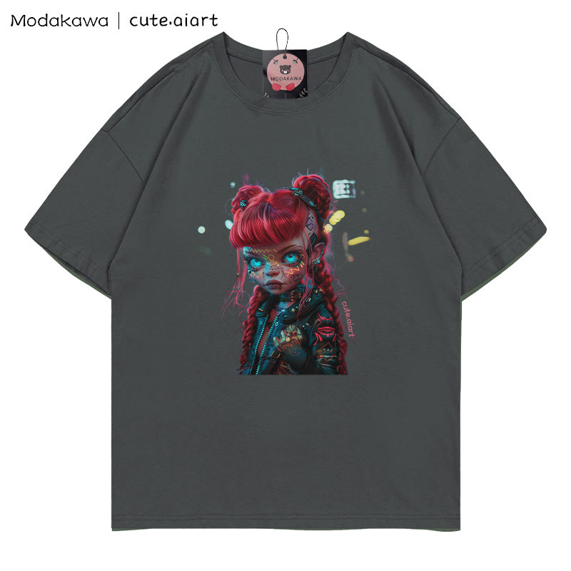 Cyberpunk-Dämonenmädchen-Grafik-T-Shirt - Charcoal Gray - 5XL - image 2
