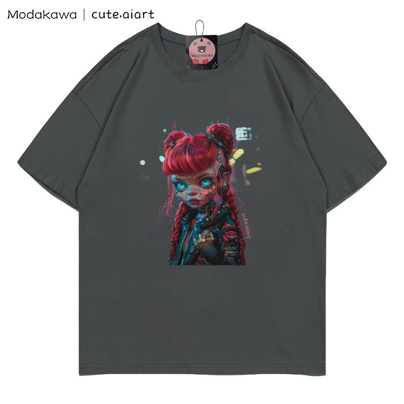 Cyberpunk-Dämonenmädchen-Grafik-T-Shirt - Charcoal Gray - 5XL - image 2