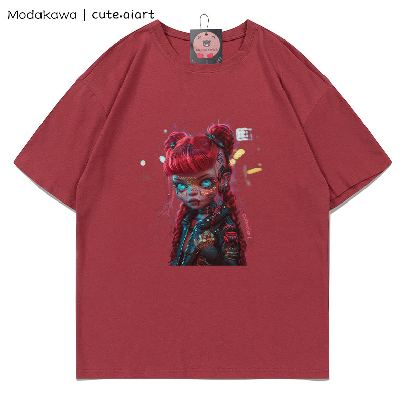 Cyberpunk-Dämonenmädchen-Grafik-T-Shirt - Coffee Red - 5XL - image 1