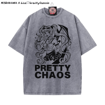 PRETTY CHAOS Mädchen Grafik Unisex Vintage gewaschenes T-Shirt - Grau - 5XL - image 1