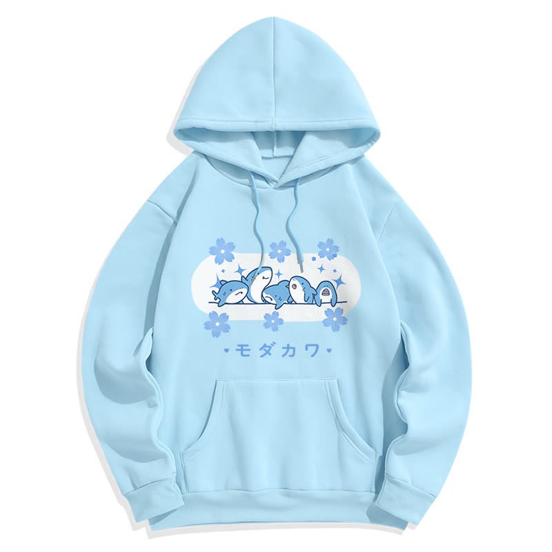 Plüsch-Kapuzenpullover mit Hai-Buchstaben-Print und Taschen - Blau - 2XL - image 1