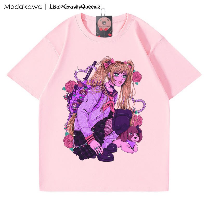 Retro Punk Girl Grafik T-Shirt - Rosa - 5XL - image 3