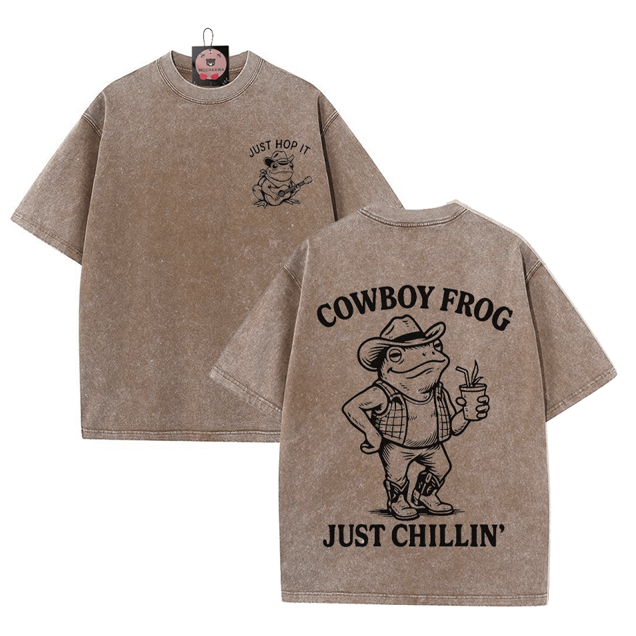 Trinkender Cowboy-Frosch Grafik Unisex Vintage Washed T-Shirt - image 1