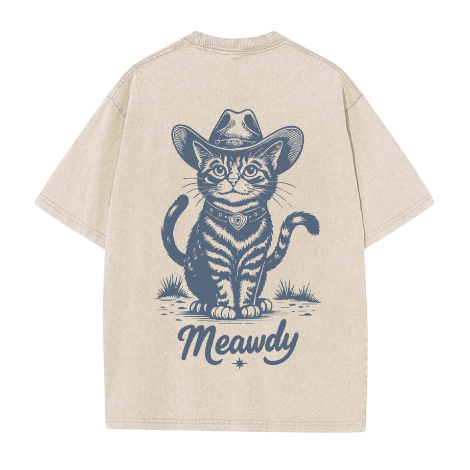 Cowboy Cat Grafik Unisex Vintage Washed T-Shirt - Aprikose - 5XL - image 2