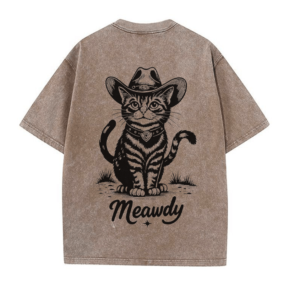 Cowboy Cat Grafik Unisex Vintage Washed T-Shirt - Braun - 5XL - image 3